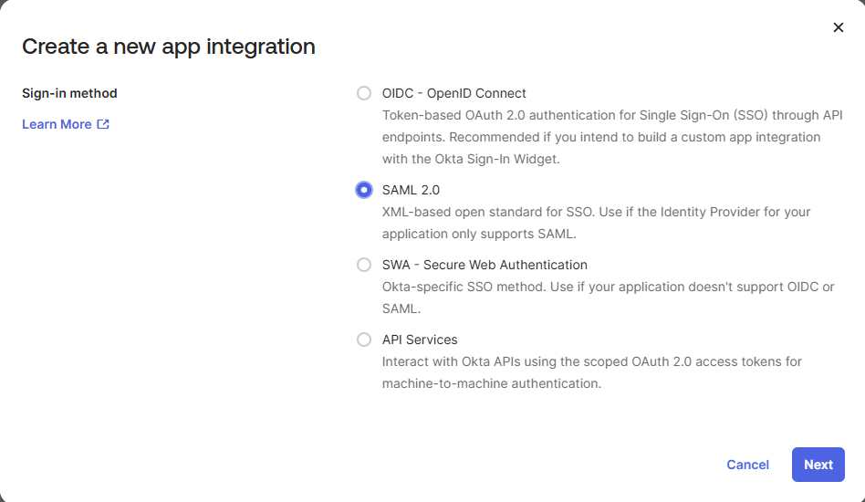 Okta - Select SAML 2.0