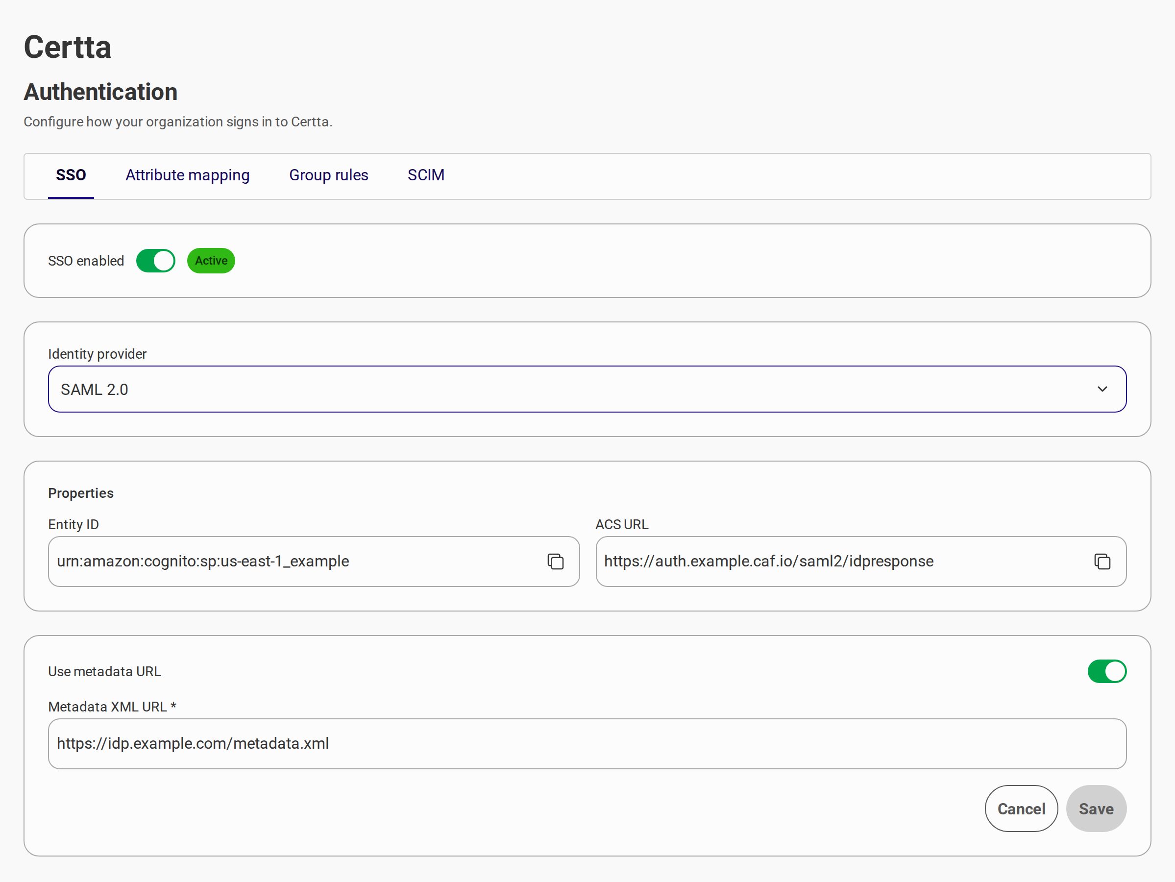 Organizations - Authentication SSO tab
